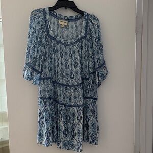 Blue Printed Ruffle-Tier Tunic Top - Pleione